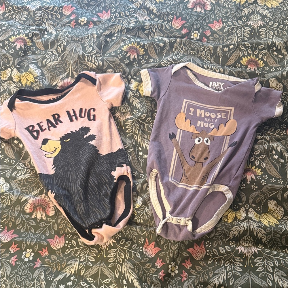 Lazy One Kids Bear and Moose Bodysuit Set - Pink and Purple